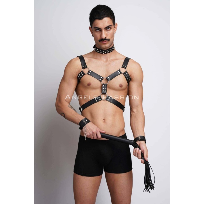 Kırbaç Ve Çivili Choker Detaylı Erkek Fantezi Deri Harness