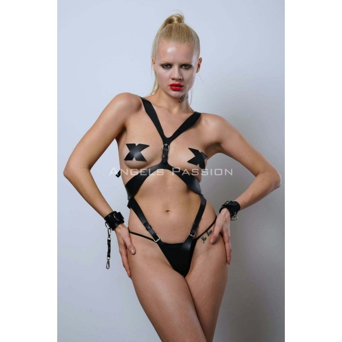 Kelepçeli Full Body Deri Fantezi Harness Set