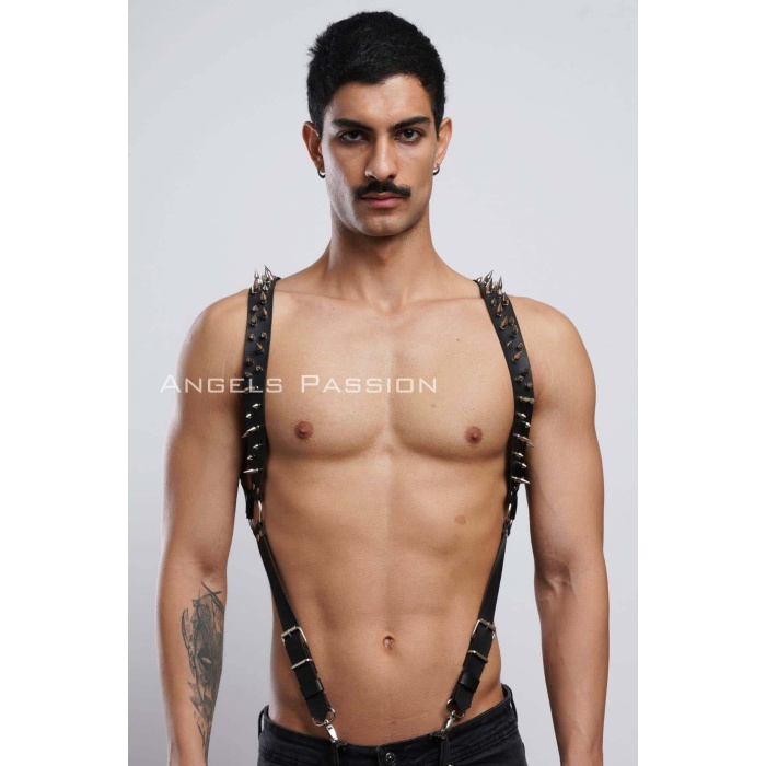 Çivi Detaylı Erkek Göğüs Deri Harness