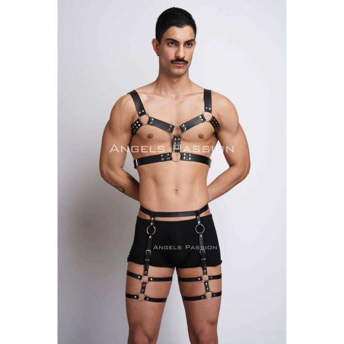 Erkek Deri Göğüs ve Bacak Harness Takım