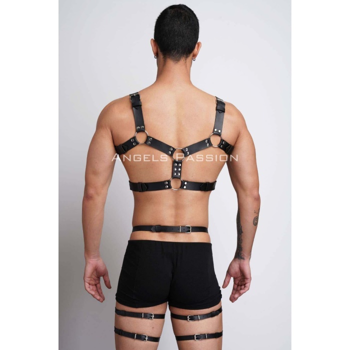 Erkek Deri Göğüs ve Bacak Harness Takım