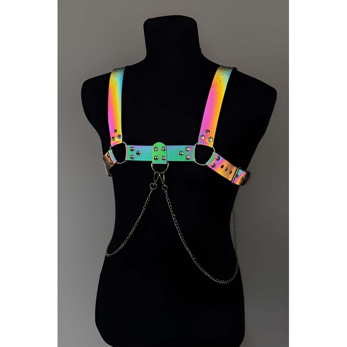 Rainbow Reflektörlü (Karanlıkta Parlayan) Zincir Detaylı Şık Erkek Göğüs Harness, Reflektörlü Clubwear - APFTM109