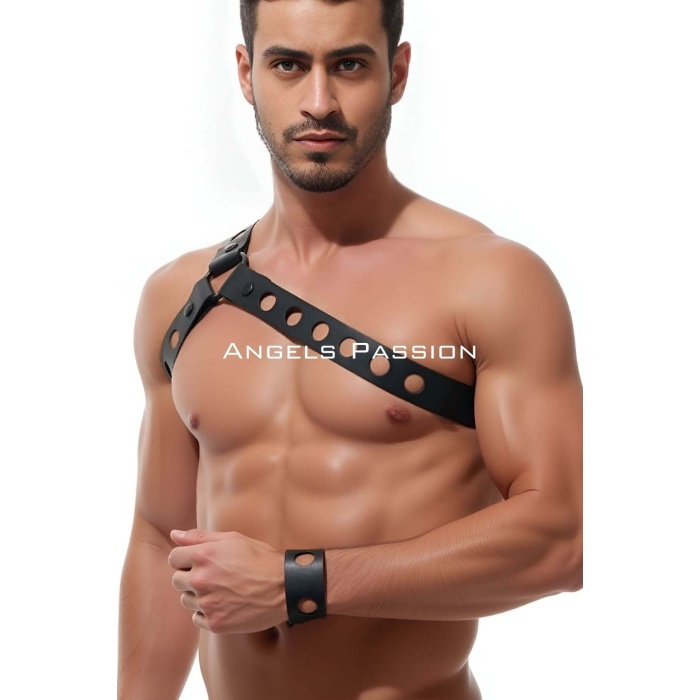 Yuvarlak Delik Detaylı Şık Erkek Omuz Harness, Deri Omuz Harness - APFTM218