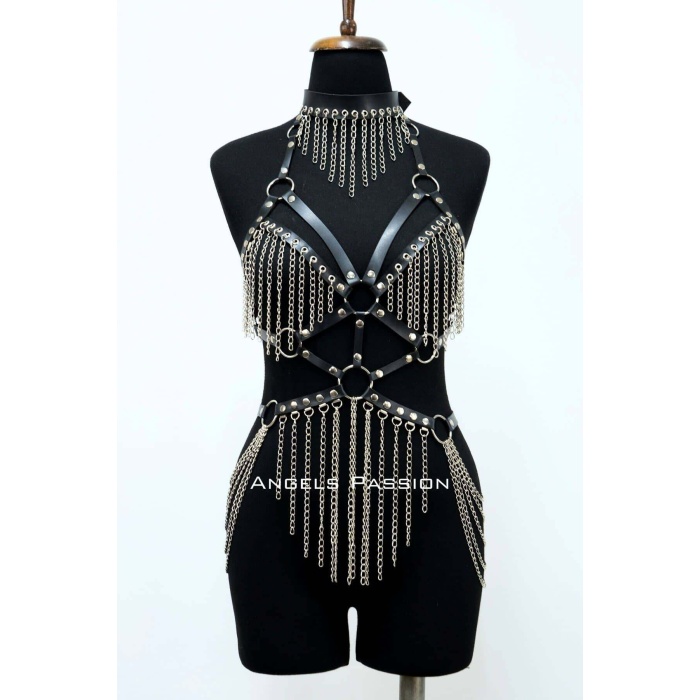 Zincirli Deri Harness, Deri Dansçı Kostüm, Choker Detaylı Deri Harness - APFT1397