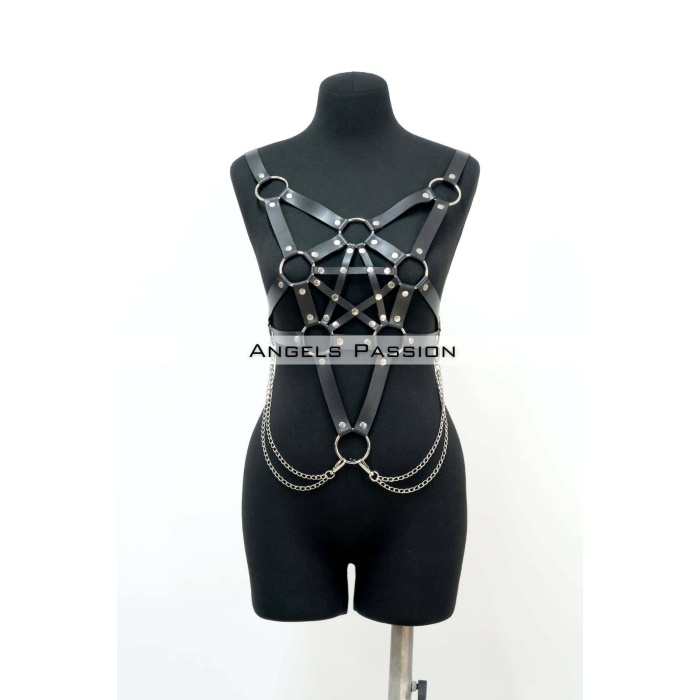 Zincir Detaylı Şık Deri Göğüs Harness, Büstiyer Harness, Deri Göğüs Harness- APFT1399