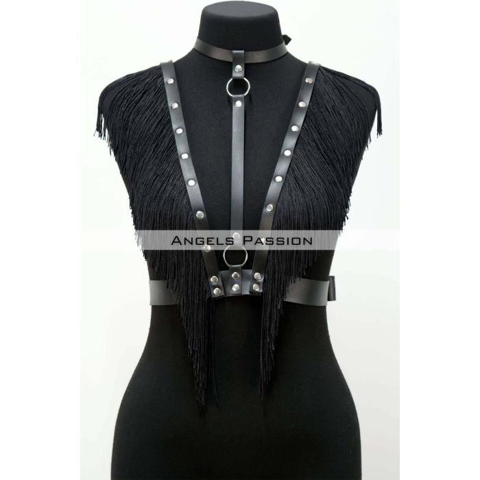 Püskül ve Deri Büstiyer Harness, Püsküllü Clubwear, Deri Büstiyer - APFT767