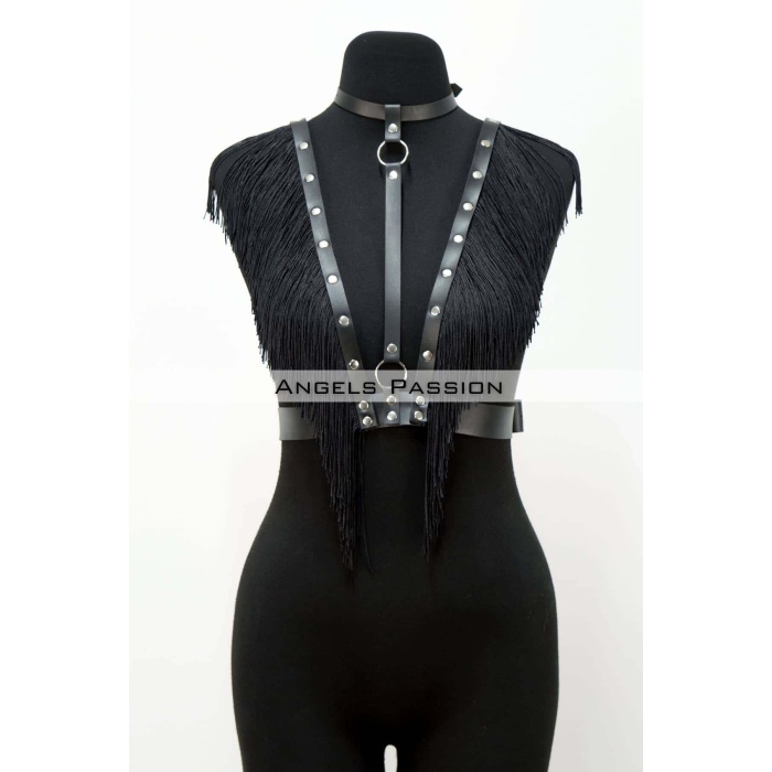 Püskül ve Deri Büstiyer Harness, Püsküllü Clubwear, Deri Büstiyer - APFT767