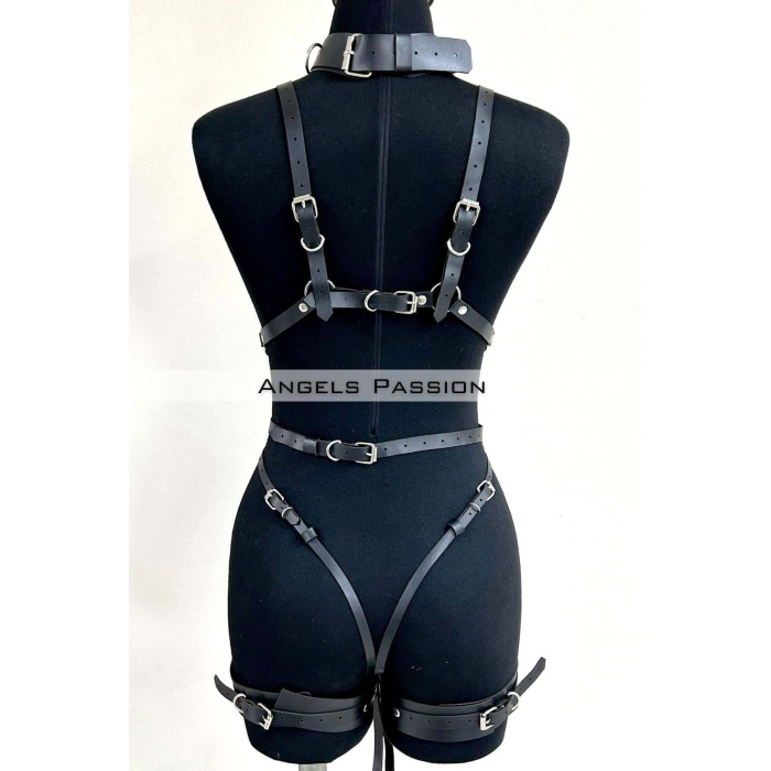 Tasma ve Zincir Detaylı Şık Deri Harness, Deri Fantezi Giyim- APFT1225