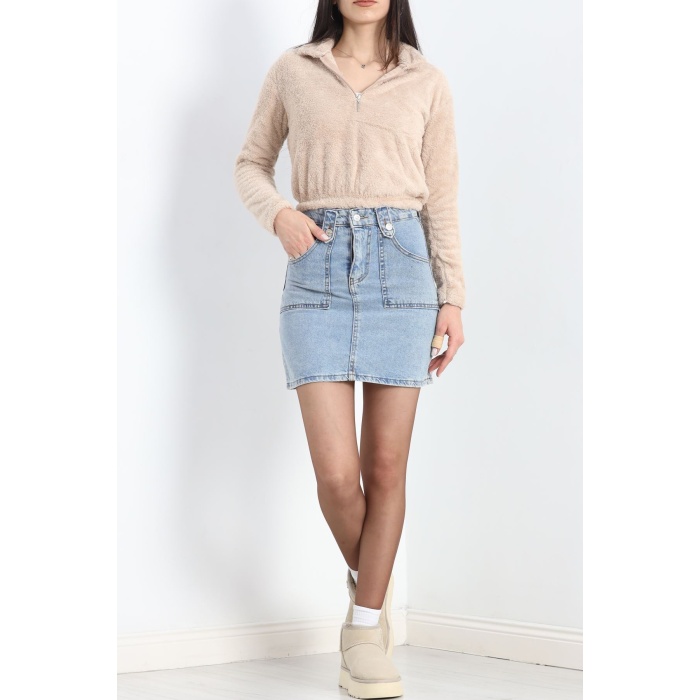 Fermuarlı Crop Peluş Sweat Bej