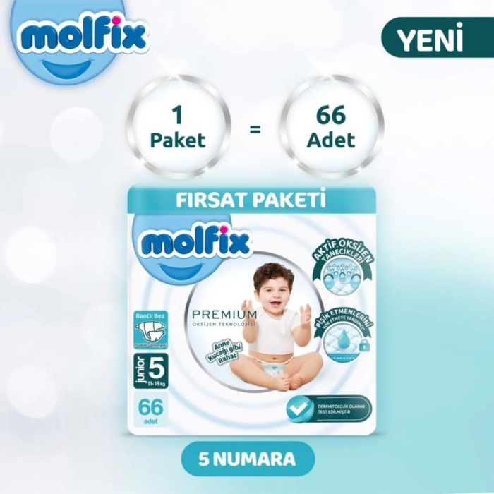 Nessiworld Molfix Premium Bebek Bezi Ultra Fırsat Paketi 5 Beden 11-18 Kg 66 Adet