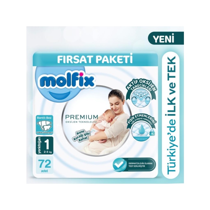 Nessiworld Molfix Premium Bebek Bezi Fırsat Paketi 1 Beden 2-5 Kg 72 Adet