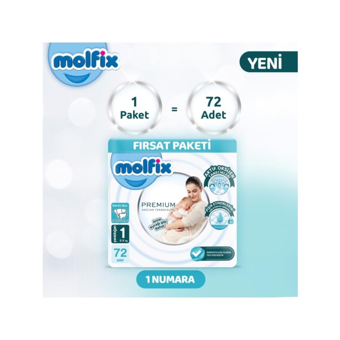 Nessiworld Molfix Premium Bebek Bezi Fırsat Paketi 1 Beden 2-5 Kg 72 Adet