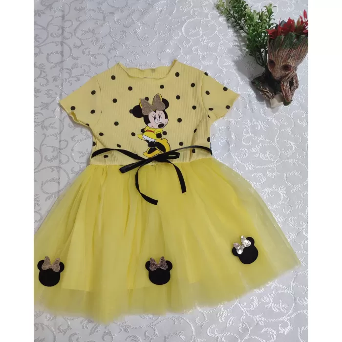 Puantiyeli Mickey Baskılı Kurdela Kuşaklı Astarlı Kız Bebek Tütü Elbisesi Sarı