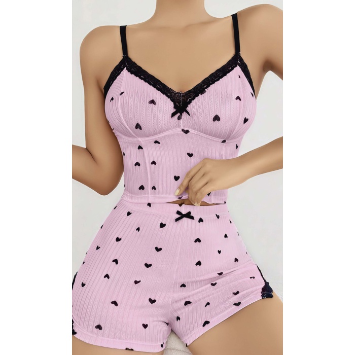 Kadın Pembe Kalp Desenli Askılı Şortlu Pijama Takım