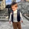 3-4-5 Yaş Fitilli Kadife Pantolon Kapitone Kapşonlu Yelek Uzun Kollu Sweat 3lü Erkek Çocuk Takımı