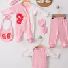Kelebek Nakışlı Tulumlu % 100 Pamuk Kız Bebek 5li Set