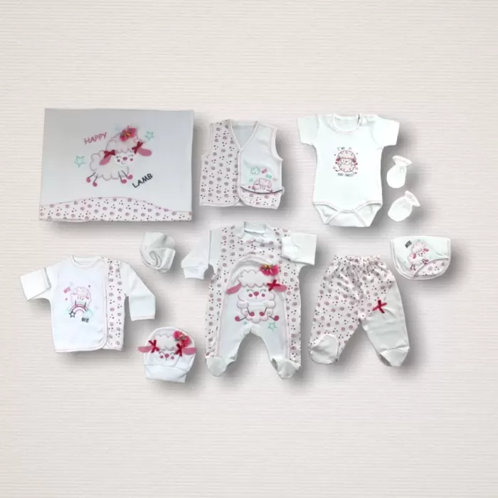 Kıvırcık Kuzu Nakışlı %100 Cotton Antibakteriyel 10lu Zıbın Takımı Hastane Çıkışı