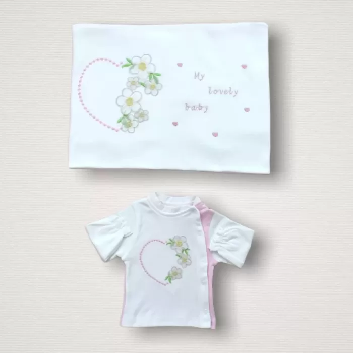 Baharın Çiçekli Kalbi Nakışlı %100 Cotton Antibakteriyel 10lu Zıbın Takımı Hastane Çıkışı
