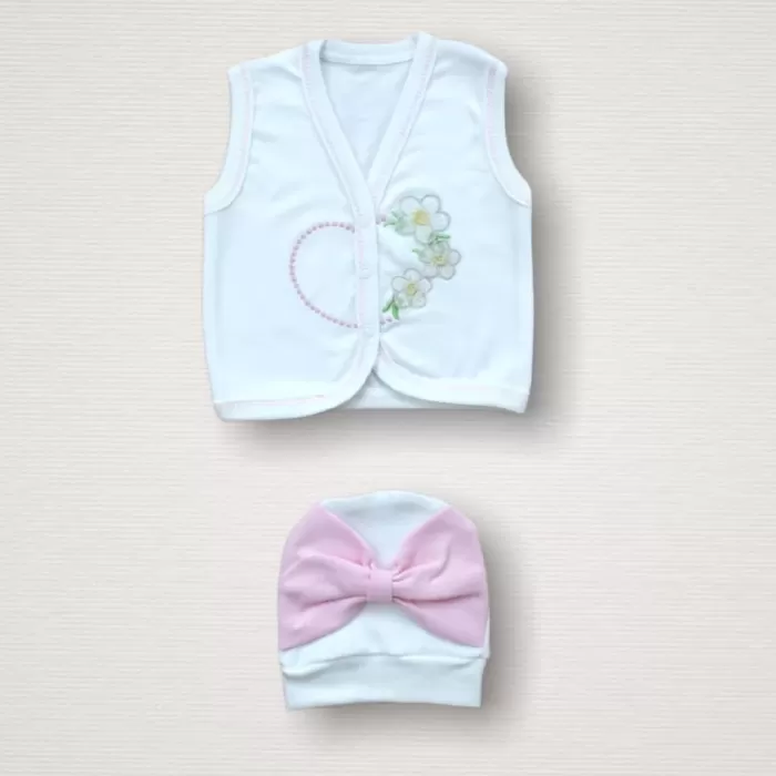 Baharın Çiçekli Kalbi Nakışlı %100 Cotton Antibakteriyel 10lu Zıbın Takımı Hastane Çıkışı