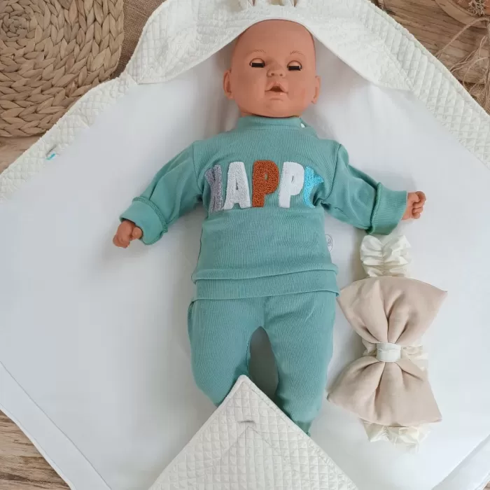 Yenidoğan Kulaklı Şapkalı Düğme Detaylı Fiyonklu Bebek Battaniyesi Kundak