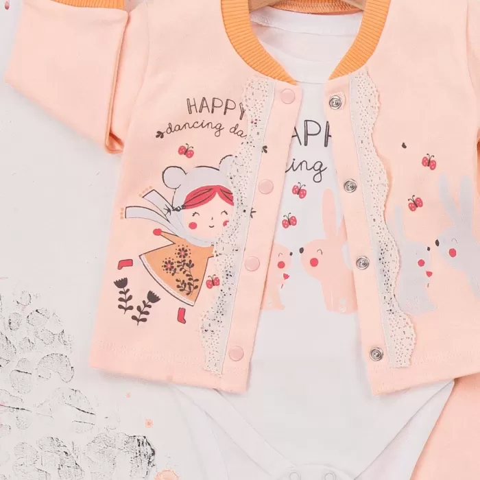 Happy Dancing Desenli 3lü Hırkalı Kız Bebek Takım