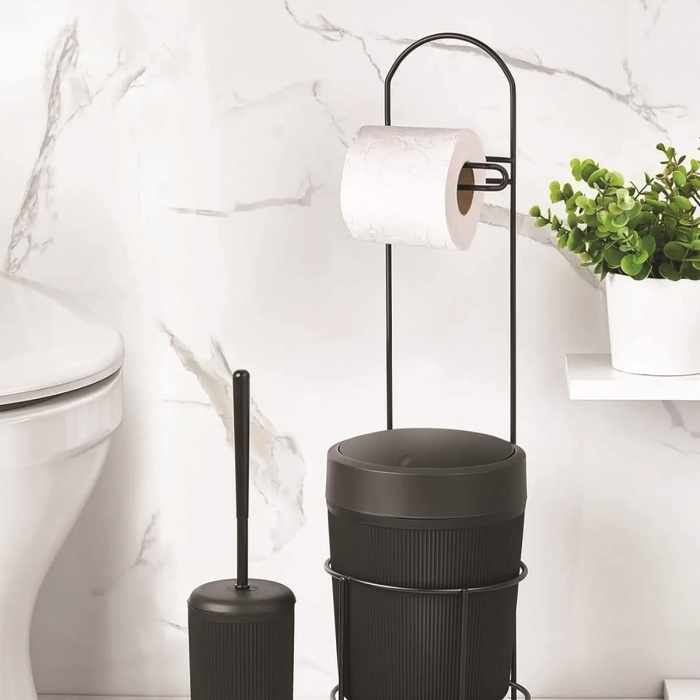 Metal Standlı Yuvarlak Kovalı & Kağıtlıklı & Fırçalıklı Siyah Banyo Takımı