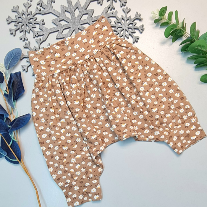 Bebek Çocuk Yazlık  Hediyelik Retro %100 Pamuk Şalvar Papatya  Baskılı Kahve Hediye Çantam