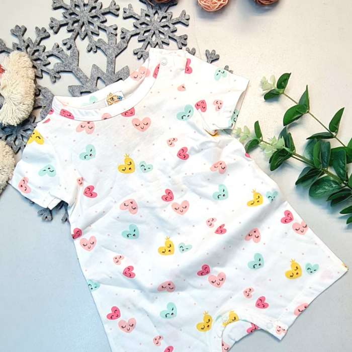 Kısa Paça Yazlık Gündelik Bebek Çıtçıtlı Zıbın %100 Pamuk Kalp Desenli