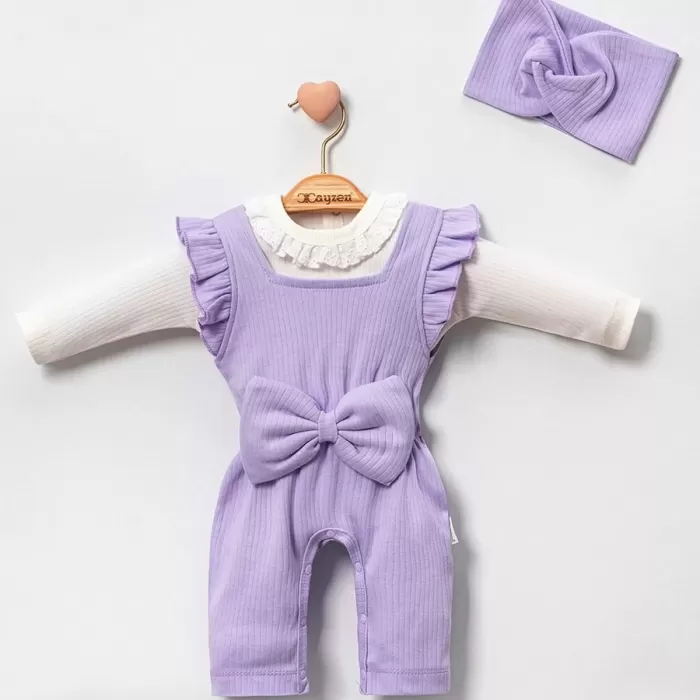 Dantel Yaka Detaylı Fiyonklu 2li Kız Bebek Salopet Tulum