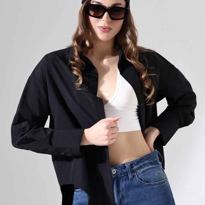 Kadın Gömlek Siyah Renk Oversize Rahat Kesim Poplin Kumaş Gomlek