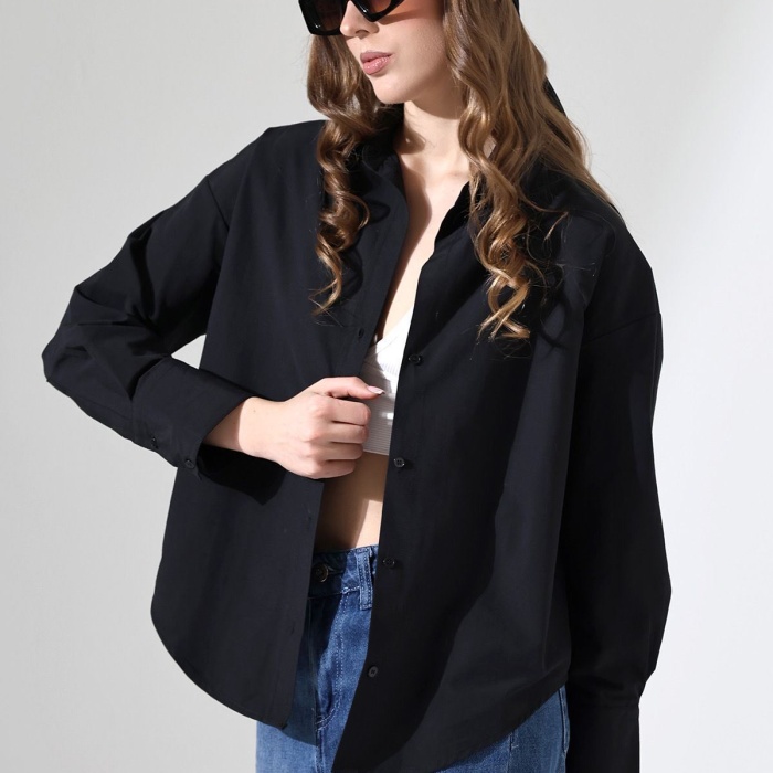 Kadın Gömlek Siyah Renk Oversize Rahat Kesim Poplin Kumaş Gomlek