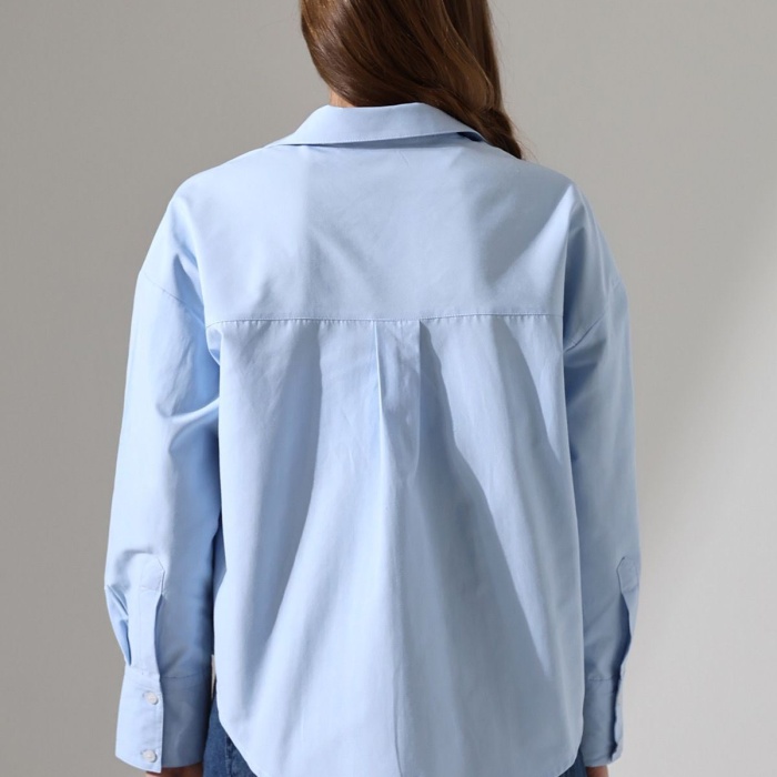Kadın Gömlek Mavi Renk Oversize Rahat Kesim Poplin Kumaş Gomlek