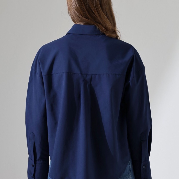 Kadın Gömlek Lacivert Renk Oversize Rahat Kesim Poplin Kumaş Gomlek