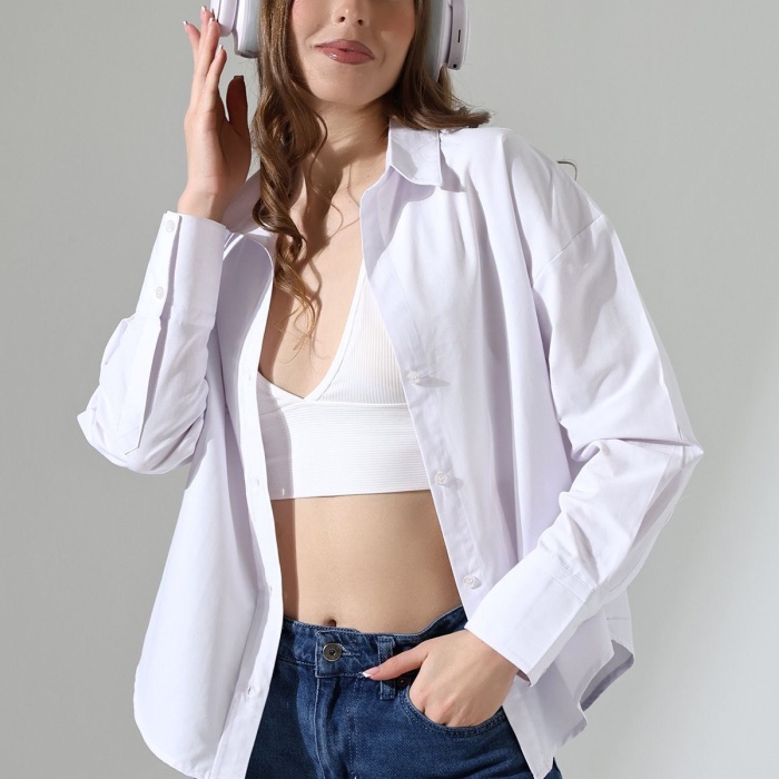 Kadın Gömlek Beyaz Renk Oversize Rahat Kesim Poplin Kumaş Gomlek