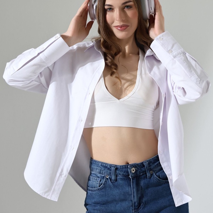 Kadın Gömlek Beyaz Renk Oversize Rahat Kesim Poplin Kumaş Gomlek