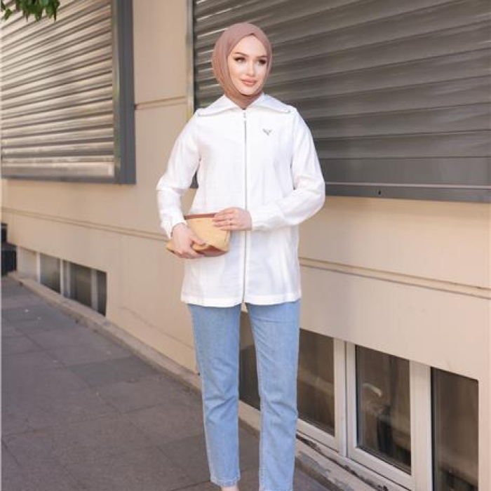 Destan Taş Detaylı Fermuarlı Sade Basic Ceket - 71139 - Krem