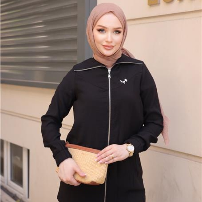 Destan Taş Detaylı Fermuarlı Sade Basic Ceket - 71139 - Siyah