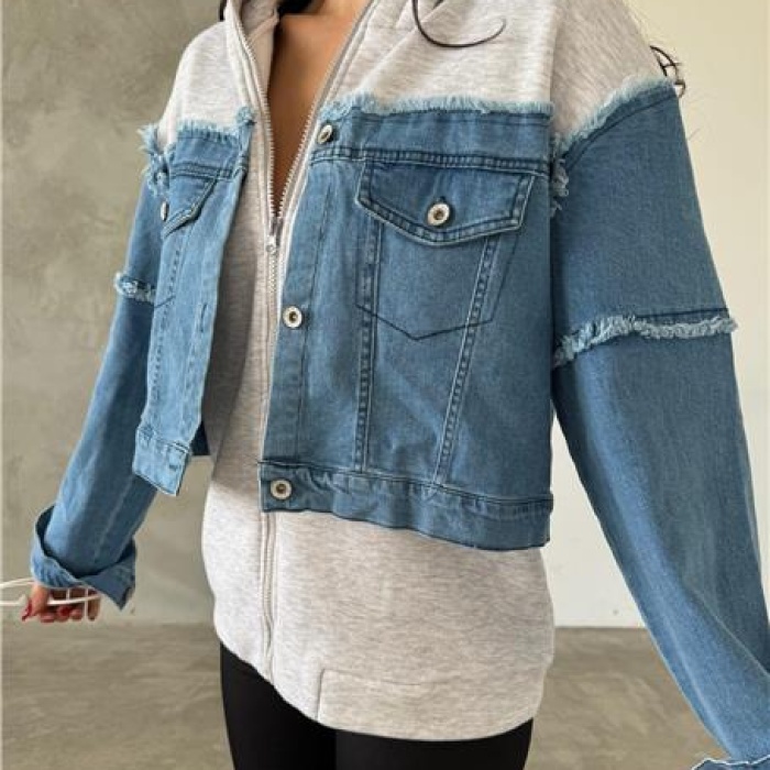 Kapüşonlu Fermuarlı Denim Polar Ceket - (S-L) - P113002 - Mavi