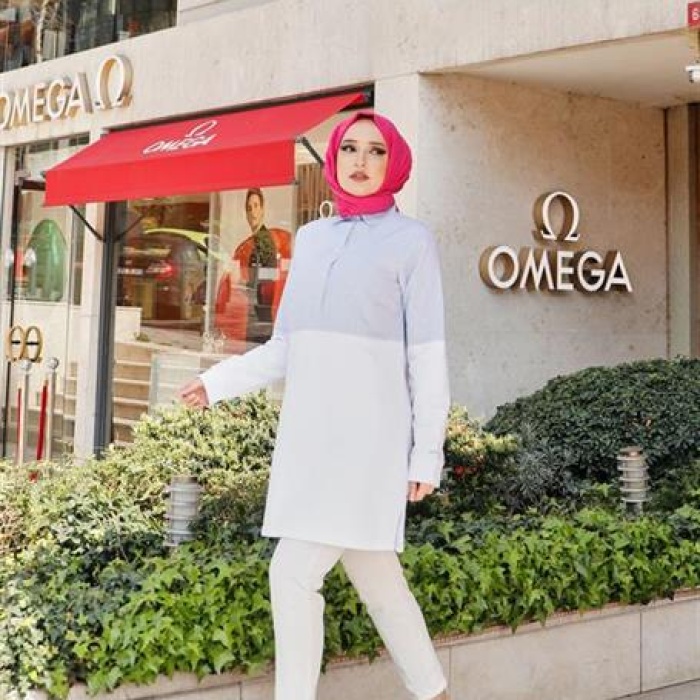 Gusto Gömlek Geçişli İki Renk Sade Çizgili Sweatshirt - 71089 - Beyaz