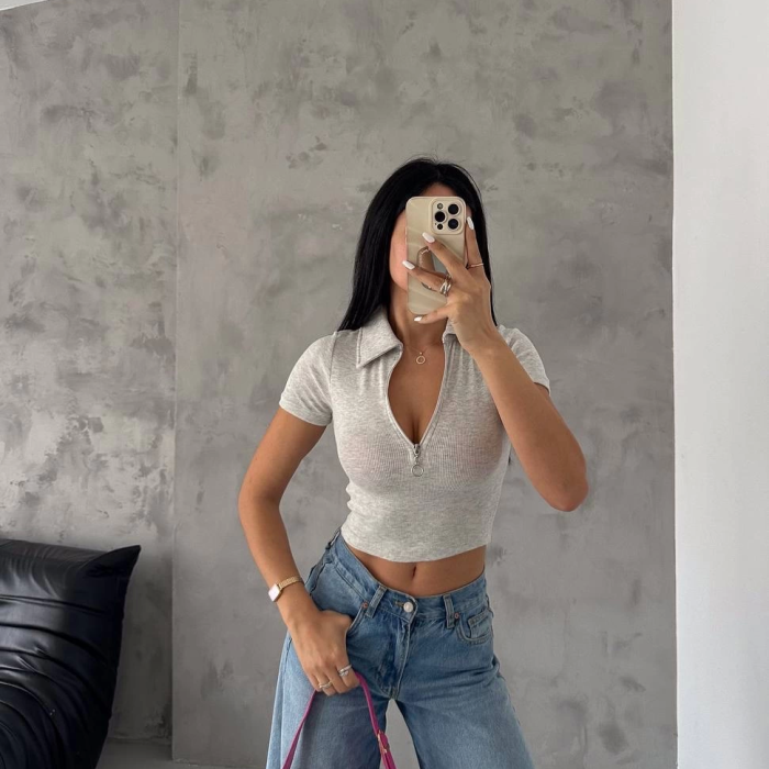 kaşkorse yaka fermuarlı bluz gri