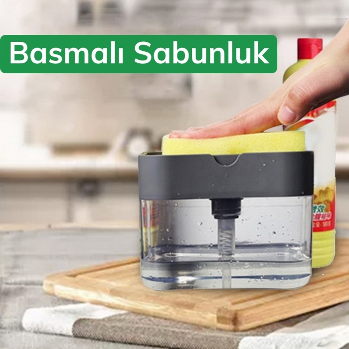 İkisi Bir Arada Basmalı Pratik Sıvı Sabunluk Pompası ve Bulaşık Yıkama Süngeri Haznesi (4434)