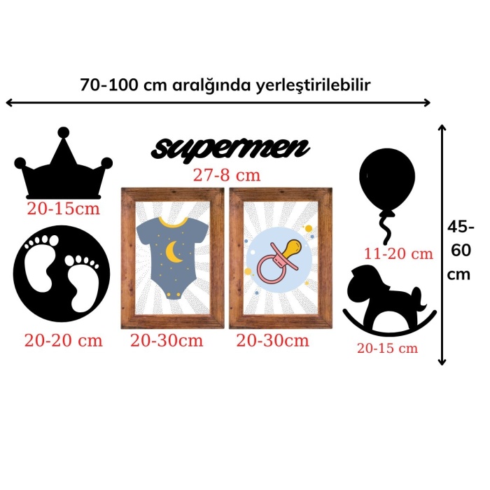 DECO103 Supermen Dekoratif Duvar Süsü Tablo Aksesuar Ahşap Tasarım Hediye Pano Sticker Seti (4434)