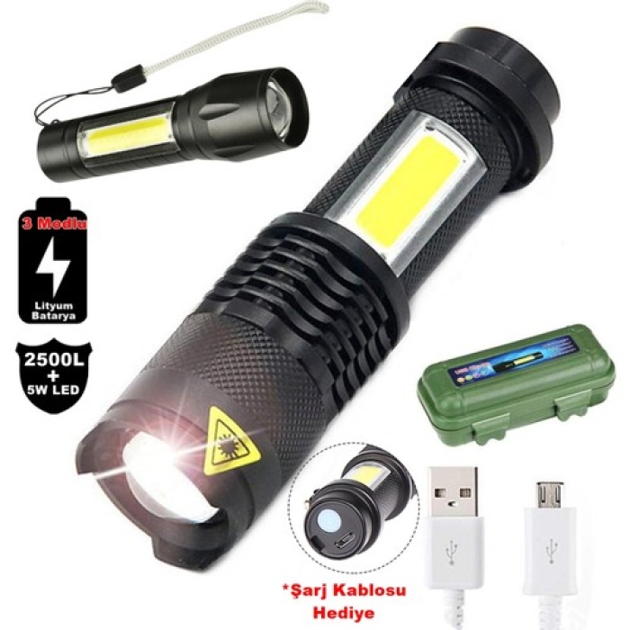 Su Geçirmez Şarjlı El Feneri 2500 Lumens + 5W COB LED USB Lion Şarjlı Ultra Güçlü Q5 XPE (4434)