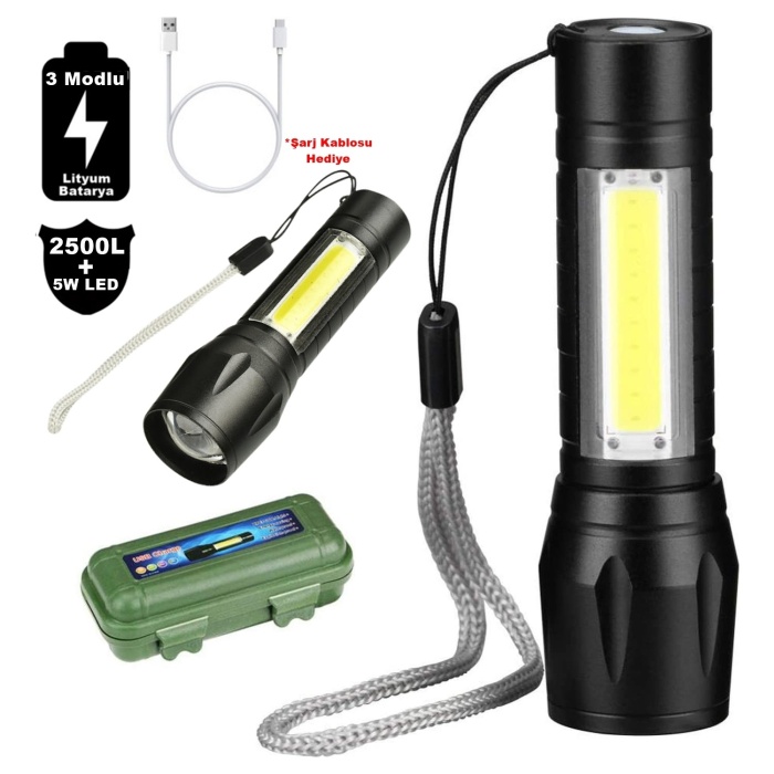 Su Geçirmez Şarjlı El Feneri 2500 Lumens + 5W COB LED USB Lion Şarjlı Ultra Güçlü Q5 XPE (4434)