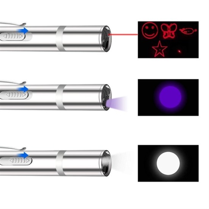 Usb İle Şarj Edilebilen 3In 1 Kırmızı Işık +Beyaz Led Meşale Işık + Uv El Feneri Kedi Lazeri (4434)