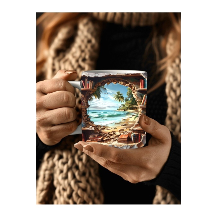 Kitaplık Kütüphane Baskılı 3D Tasarım Seramik Kupa Mug - Hediyelik Kupa Bardak