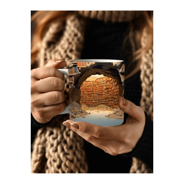 Kitaplık Kütüphane Baskılı 3D Tasarım Seramik Kupa Mug - Hediyelik Kupa Bardak