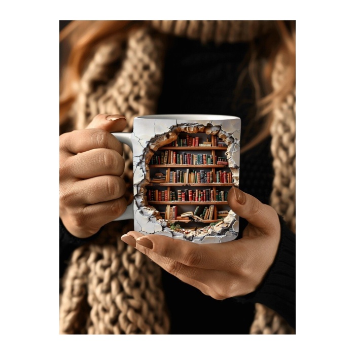 Kitaplık Kütüphane Baskılı 3D Tasarım Seramik Kupa Mug - Hediyelik Kupa Bardak