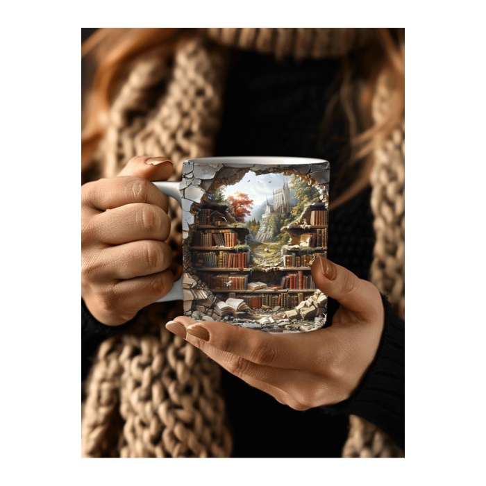 Kitaplık Kütüphane Baskılı 3D Tasarım Seramik Kupa Mug - Hediyelik Kupa Bardak