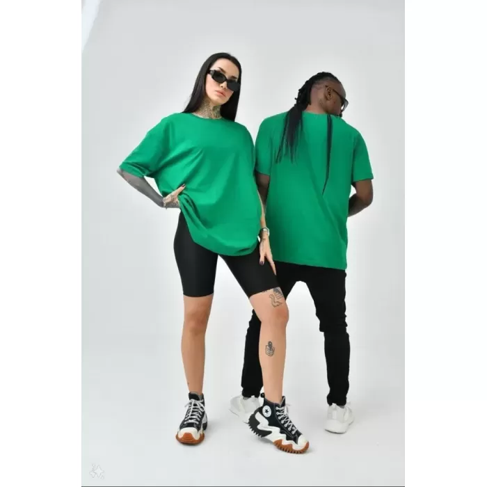 Unisex Basic Bisiklet Yaka Oversize T-Shirt - Yeşil